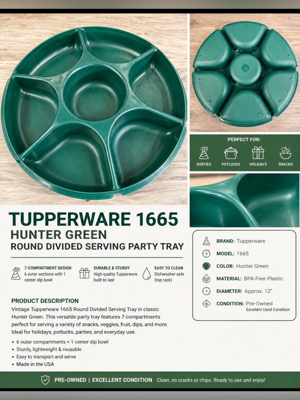 Tupperware 1665 Hunter Green Divided Serving Tray Vintage 7 Section